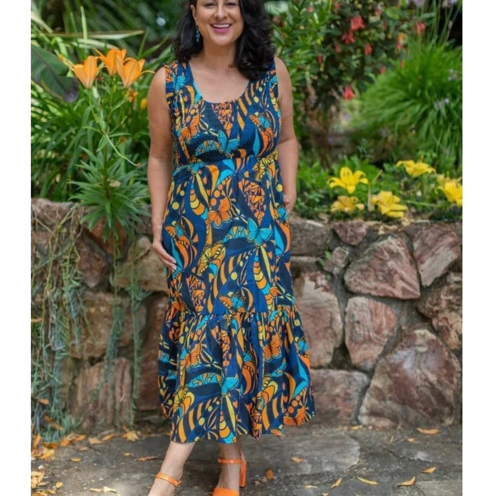 Lesley Evers Nadia Midi Dress 2X Blue Butterfly Smocked Tiered Boho Coastal